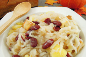 Sour turnip with potatoes and beans