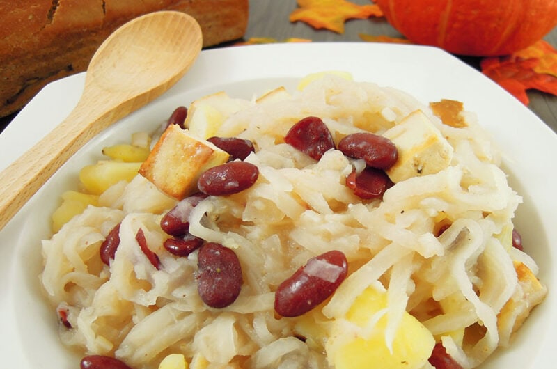 Sour turnip with potatoes and beans