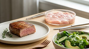 Cultivated meat grown from animal cells, set against the question of whether it belongs on a vegan's plate.