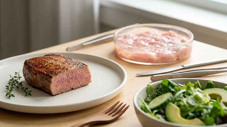 Cultivated meat grown from animal cells, set against the question of whether it belongs on a vegan's plate.