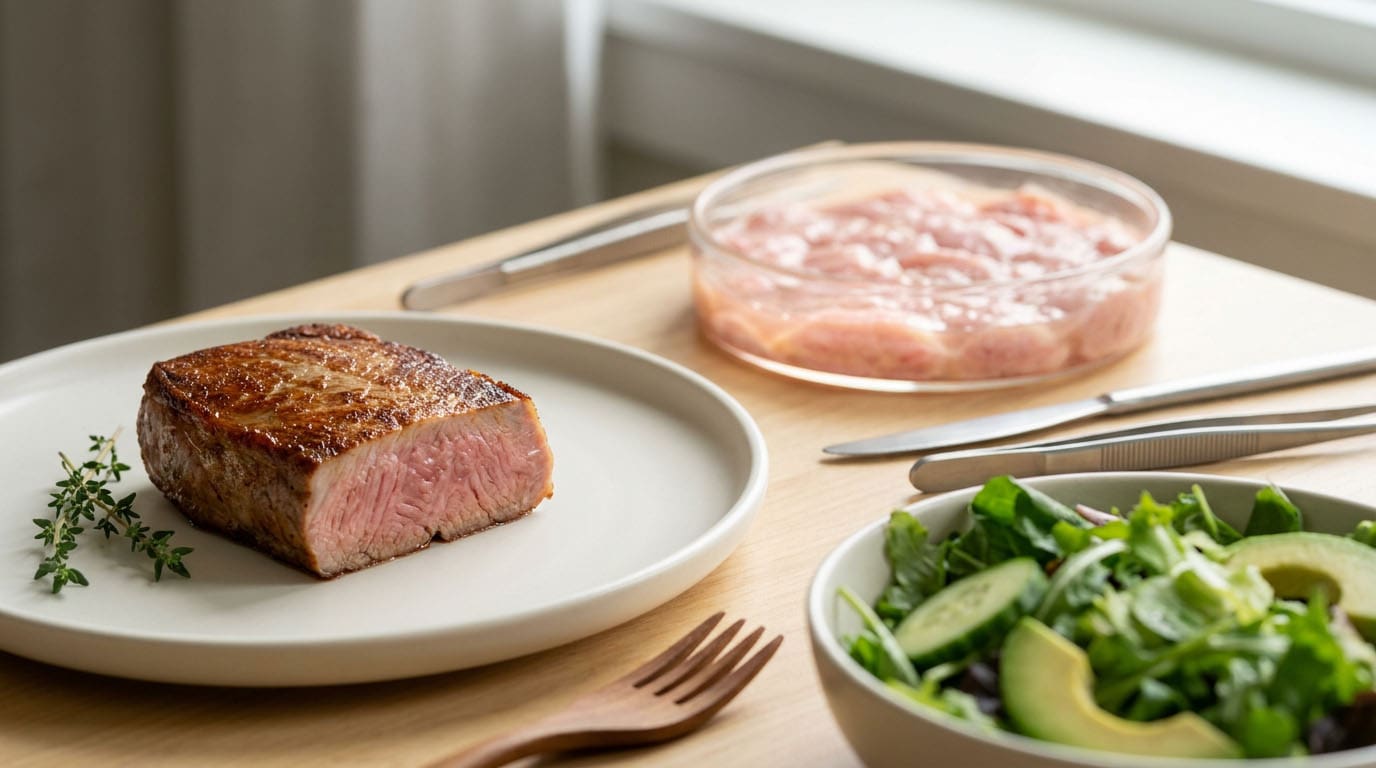 Cultivated meat grown from animal cells, set against the question of whether it belongs on a vegan's plate.