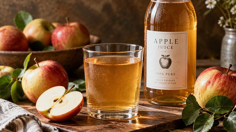 A glass of clear apple juice beside a bottle with a plain label and fresh red apples on a wooden table