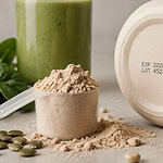 A scoop of beige plant protein powder beside a pale tub lying on its side, its base printed with an expiry date and lot number, with pumpkin seeds, chickpeas, spinach and a green smoothie
