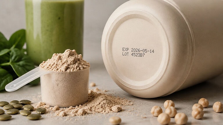 A scoop of beige plant protein powder beside a pale tub lying on its side, its base printed with an expiry date and lot number, with pumpkin seeds, chickpeas, spinach and a green smoothie