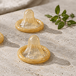 Three rolled amber latex condoms, unwrapped, sit evenly spaced on a pale limestone surface beside small green leaf sprigs in soft morning daylight.