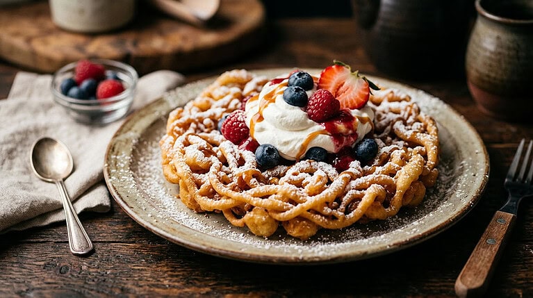 A funnel cake dusted with powdered sugar on a stoneware plate, topped with a whipped topping and fresh berries