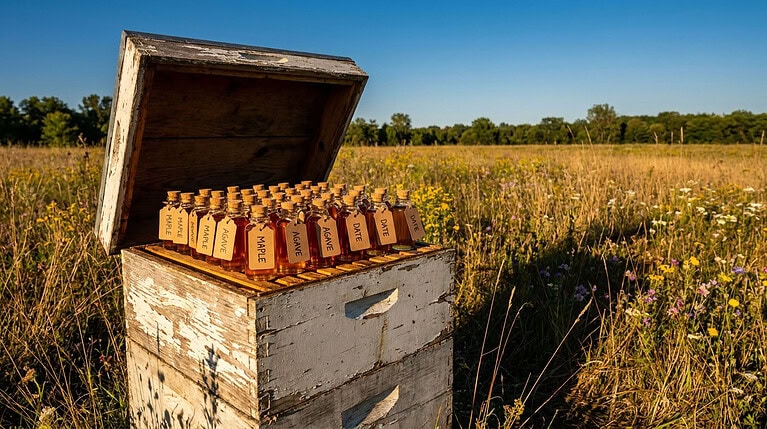 An open, weathered white beehive box in a wildflower meadow, filled with small corked bottles of amber syrup tagged maple, agave and date