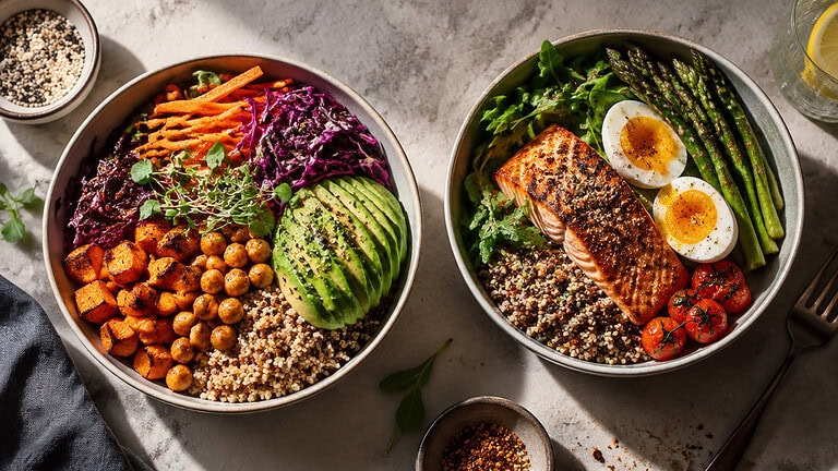 A vegan bowl of roasted sweet potato, chickpeas, quinoa, avocado and red cabbage beside a bowl of salmon, boiled eggs, quinoa and asparagus