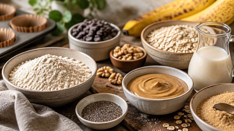 Bowls of flour, chocolate chips, rolled oats, nut butter, chia seeds and brown sugar on a wooden table, with walnuts, ripe bananas, a small glass jug of milk and a muffin tin lined with paper cases