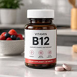 Amber bottle of vitamin B12 tablets with a generic label, two pink tablets, a glass of water, berries and a halved orange on a kitchen counter