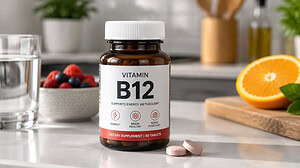 Amber bottle of vitamin B12 tablets with a generic label, two pink tablets, a glass of water, berries and a halved orange on a kitchen counter