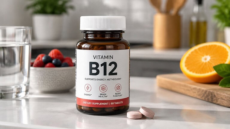 Amber bottle of vitamin B12 tablets with a generic label, two pink tablets, a glass of water, berries and a halved orange on a kitchen counter