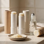 Several deodorant sticks and a glass roll-on stand in a row on a pale limestone bathroom shelf, with a cardboard refill tube lying beside them and a small stoneware dish of pale wax flakes in front.