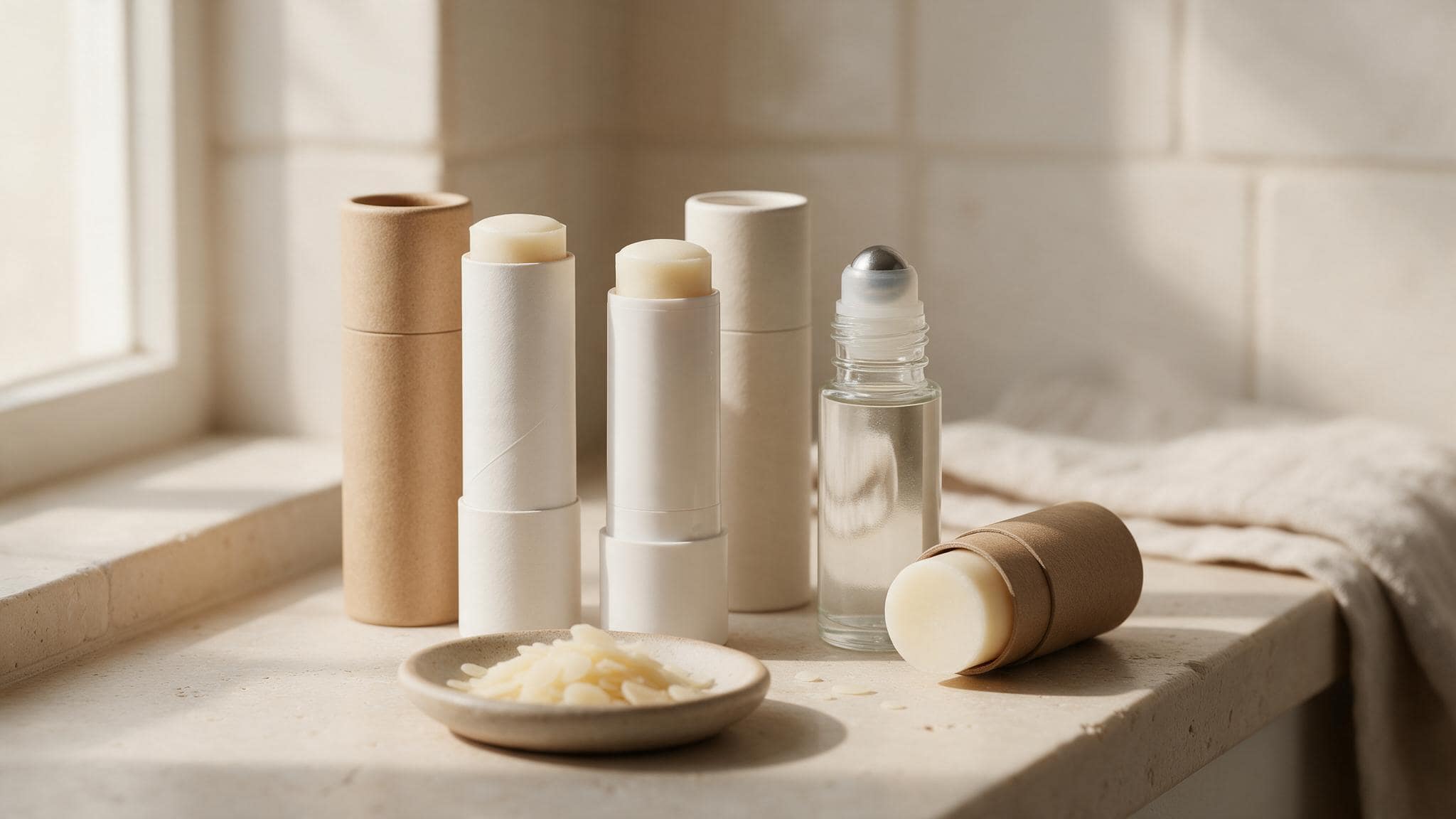 Several deodorant sticks and a glass roll-on stand in a row on a pale limestone bathroom shelf, with a cardboard refill tube lying beside them and a small stoneware dish of pale wax flakes in front.