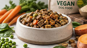 A speckled stoneware bowl of vegan dog kibble with carrots, peas, spinach and sweet potato around it and a bag reading vegan dog food behind