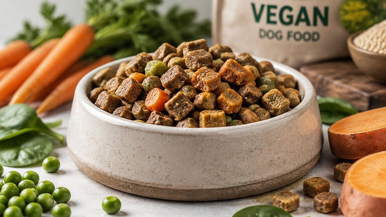 A speckled stoneware bowl of vegan dog kibble with carrots, peas, spinach and sweet potato around it and a bag reading vegan dog food behind