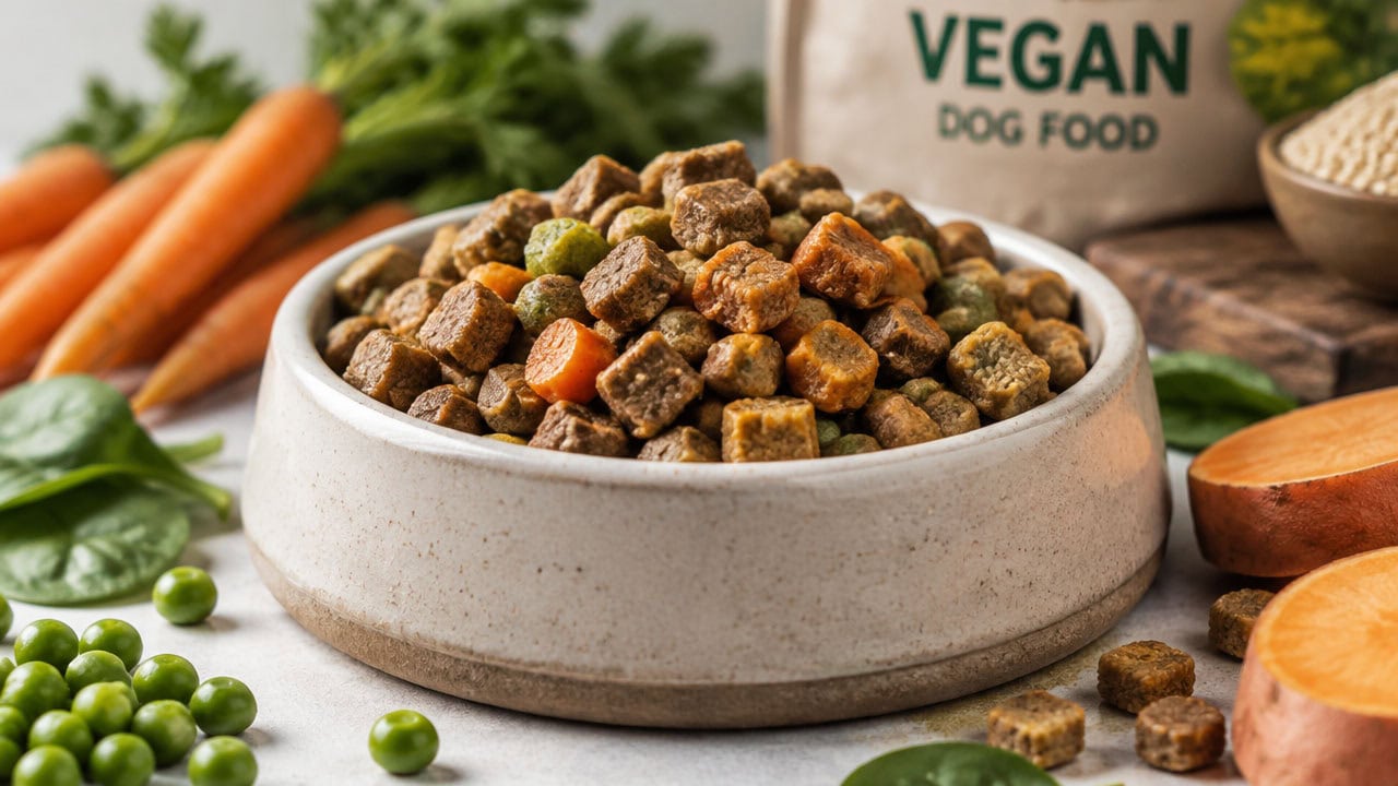 A speckled stoneware bowl of vegan dog kibble with carrots, peas, spinach and sweet potato around it and a bag reading vegan dog food behind