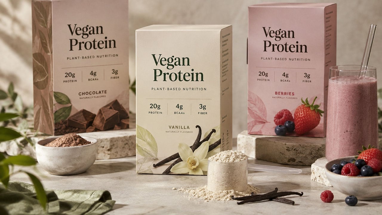Three plain boxes labeled Vegan Protein in chocolate, vanilla and berry flavors on a stone counter, with a bowl of cocoa-brown powder, a scoop of pale powder, vanilla pods, berries and a pink smoothie