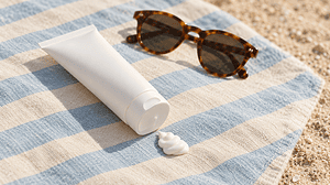 A plain white sunscreen tube rests on a blue and cream striped beach towel beside tortoiseshell sunglasses, with a small swirl of white cream squeezed onto the fabric next to its cap.