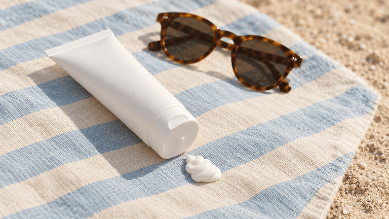 A plain white sunscreen tube rests on a blue and cream striped beach towel beside tortoiseshell sunglasses, with a small swirl of white cream squeezed onto the fabric next to its cap.