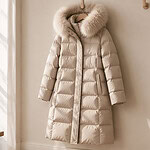 A long cream quilted puffer coat with a faux fur trimmed hood hanging from a wooden peg, next to a fringed scarf, a canvas tote and a woven basket, with a snowy window on the left.