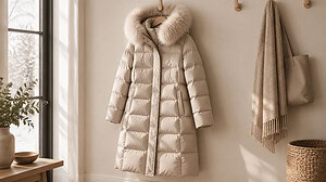 A long cream quilted puffer coat with a faux fur trimmed hood hanging from a wooden peg, next to a fringed scarf, a canvas tote and a woven basket, with a snowy window on the left.
