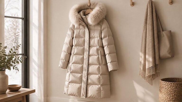 A long cream quilted puffer coat with a faux fur trimmed hood hanging from a wooden peg, next to a fringed scarf, a canvas tote and a woven basket, with a snowy window on the left.