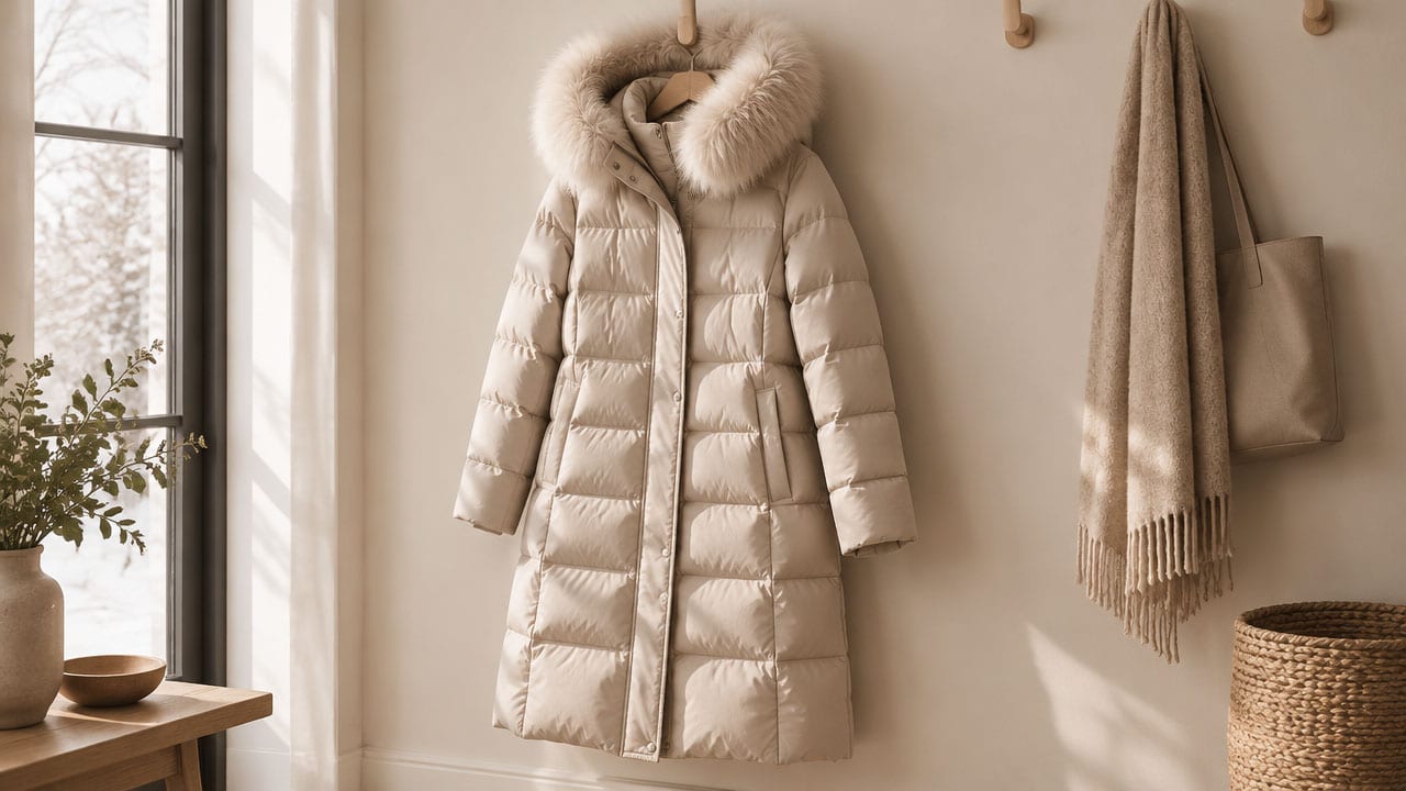 A long cream quilted puffer coat with a faux fur trimmed hood hanging from a wooden peg, next to a fringed scarf, a canvas tote and a woven basket, with a snowy window on the left.