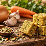 Herb-flecked bouillon cubes stacked on a wooden board beside onion, garlic, carrots and parsley, with a wooden spoon of crumbled bouillon