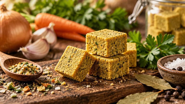 Herb-flecked bouillon cubes stacked on a wooden board beside onion, garlic, carrots and parsley, with a wooden spoon of crumbled bouillon