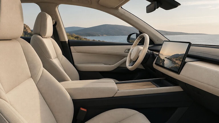 A car cabin with cream upholstered front seats, a cream steering wheel, a center console with a pale wood panel and a large dashboard screen, with hills and the sea outside the windows