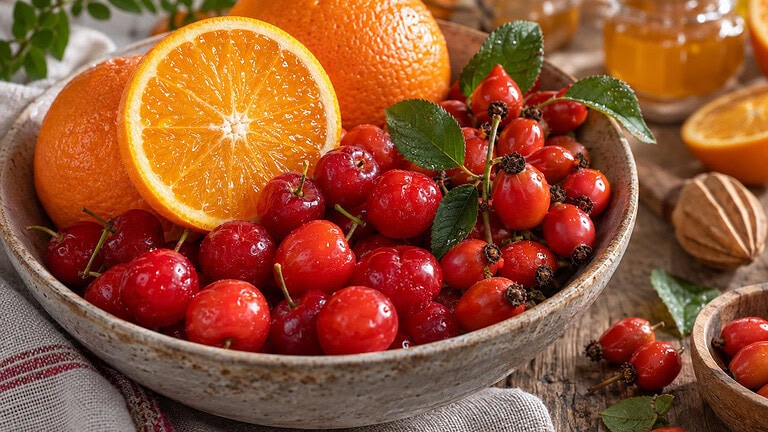 Halved and whole oranges, red acerola cherries and rose hips in a stoneware bowl on a wooden table, with a linen cloth and a small glass jar of amber liquid behind