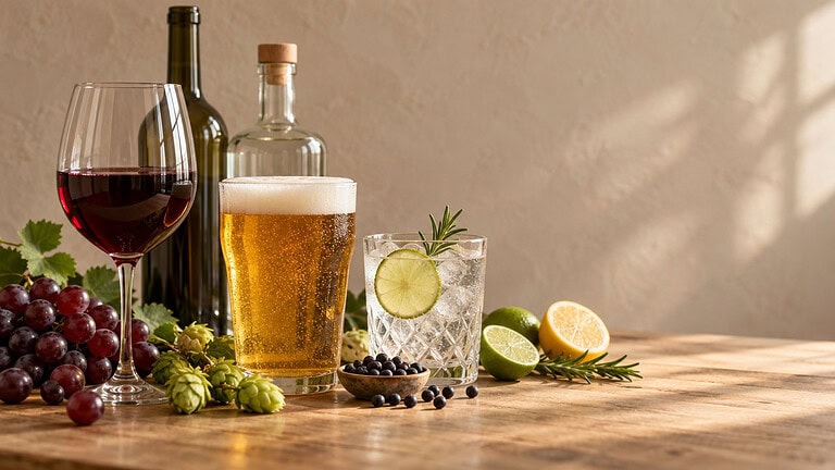 A glass of red wine, a glass of lager and a gin and tonic with lime on a wooden table, with grapes, hops, juniper berries and two unlabeled bottles