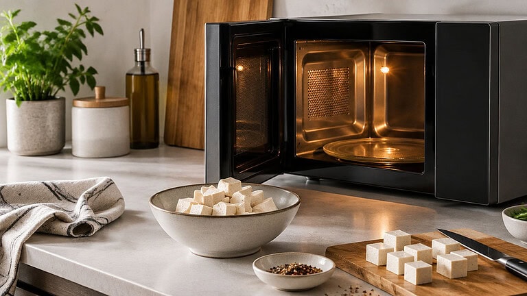 Cubes of firm tofu in a stoneware bowl and on a wooden cutting board in front of an open microwave on a pale kitchen counter, with a small dish of peppercorns and a potted herb behind.