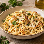 A stoneware bowl of fettuccine in a creamy sauce topped with roasted cauliflower florets and parsley, beside a whole cauliflower, a small bowl of black pepper, a bowl of grated topping, olive oil and a lemon half.