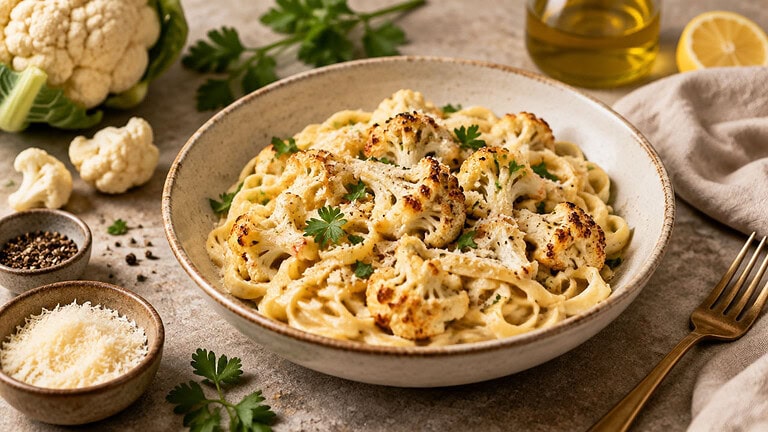 A stoneware bowl of fettuccine in a creamy sauce topped with roasted cauliflower florets and parsley, beside a whole cauliflower, a small bowl of black pepper, a bowl of grated topping, olive oil and a lemon half.