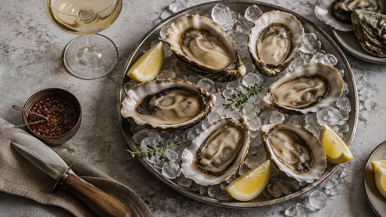 Opened oysters on crushed ice with lemon wedges, beside a glass of white wine, a small bowl of mignonette and an oyster knife