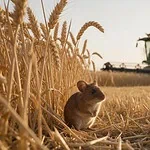A small brown field mouse sits at the edge of golden wheat in the foreground while a blurred green combine harvester cuts the field behind it under low warm sunlight.