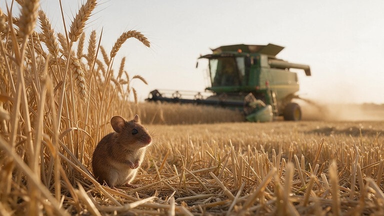 A small brown field mouse sits at the edge of golden wheat in the foreground while a blurred green combine harvester cuts the field behind it under low warm sunlight.