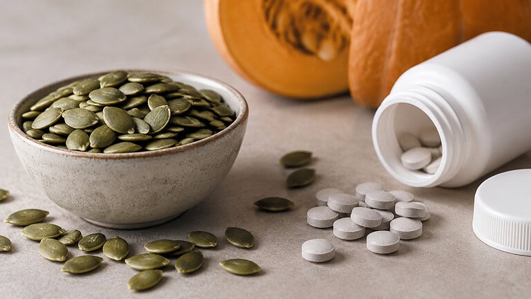 Bowl of hulled green pumpkin seeds beside an unlabeled white supplement bottle tipped on its side with white tablets spilling out, a cut pumpkin behind