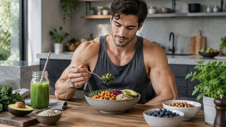 A man in a grey tank top eating a bowl of chickpeas, red cabbage, avocado and greens at a wooden kitchen table, with small bowls of chickpeas and blueberries, a green smoothie and half an avocado beside him