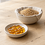 Amber algae oil capsules in a stoneware dish in the foreground, with a bowl of golden ground flaxseed and cracked walnuts behind them on a pale oak table in soft daylight.