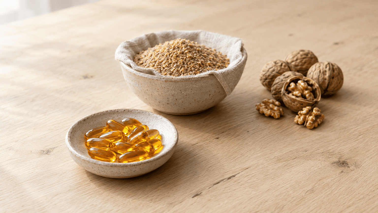 Amber algae oil capsules in a stoneware dish in the foreground, with a bowl of golden ground flaxseed and cracked walnuts behind them on a pale oak table in soft daylight.