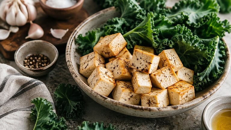 Golden seared tofu cubes on curly kale in a speckled stoneware bowl, with garlic, black peppercorns, salt, olive oil and a striped linen cloth beside it