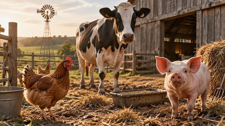 A hen, a black and white cow and a pig standing on straw in a farmyard in front of a wooden barn