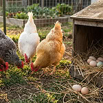 Rescued hens in a backyard flock beside a nest box holding freshly laid eggs.