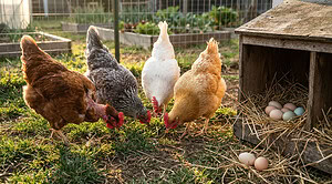 Rescued hens in a backyard flock beside a nest box holding freshly laid eggs.