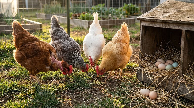 Rescued hens in a backyard flock beside a nest box holding freshly laid eggs.