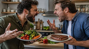 Two men shouting at each other across a kitchen, one holding a plate of broccoli, cherry tomatoes and carrots, the other a plate with a grilled steak