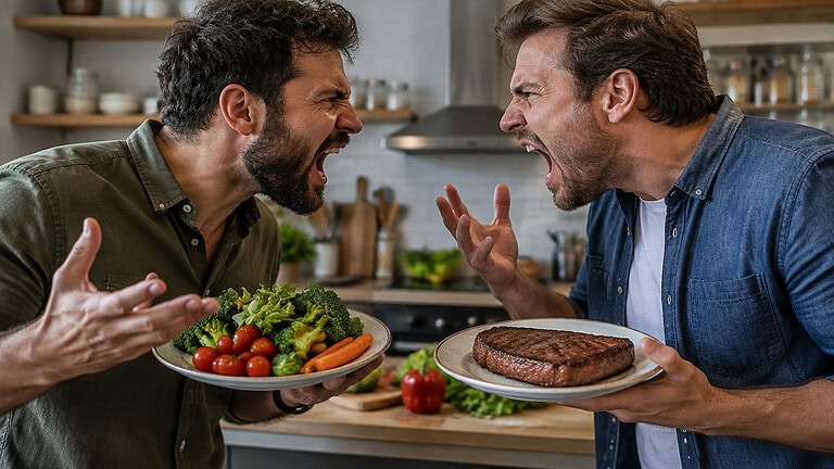 Two men shouting at each other across a kitchen, one holding a plate of broccoli, cherry tomatoes and carrots, the other a plate with a grilled steak